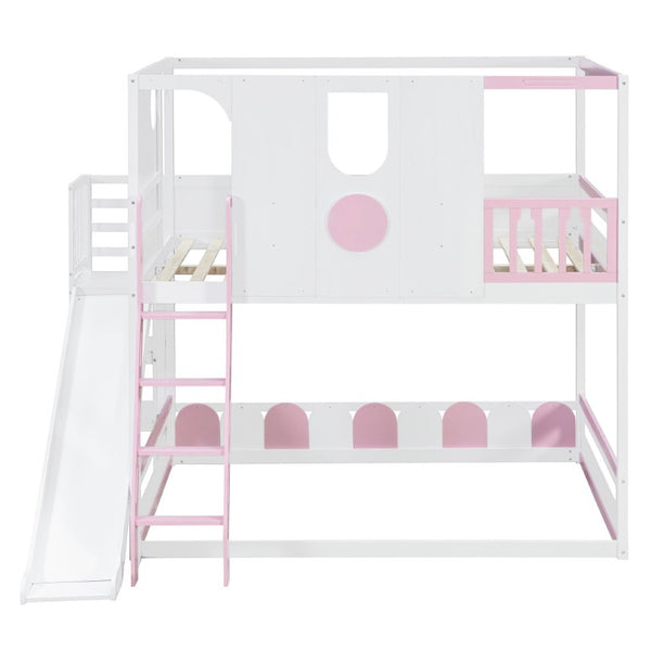 English Elm Full Size Kids Playhouse Loft Bed with Slide Storage Shelves and Sturdy Guardrails White+Pink LT000465AAH