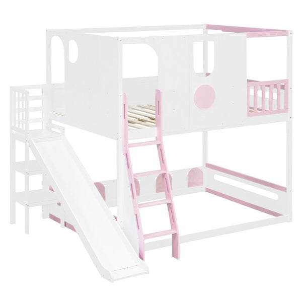 English Elm Full Size Kids Playhouse Loft Bed with Slide Storage Shelves and Sturdy Guardrails White+Pink LT000465AAH