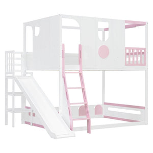English Elm Full Size Kids Playhouse Loft Bed with Slide Storage Shelves and Sturdy Guardrails White+Pink LT000465AAH