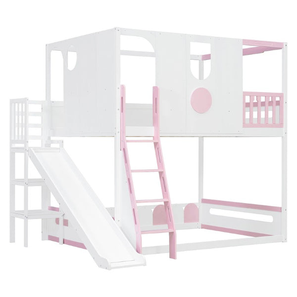English Elm Full Size Kids Playhouse Loft Bed with Slide Storage Shelves and Sturdy Guardrails White+Pink LT000465AAH