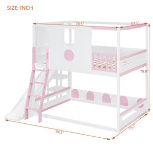 English Elm Full Size Kids Playhouse Loft Bed with Slide Storage Shelves and Sturdy Guardrails White+Pink LT000465AAH