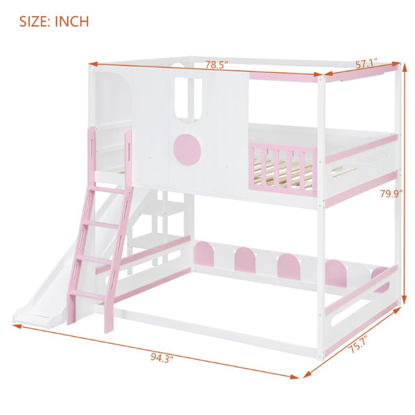 English Elm Full Size Kids Playhouse Loft Bed with Slide Storage Shelves and Sturdy Guardrails White+Pink LT000465AAH