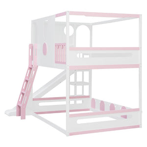 English Elm Full Size Kids Playhouse Loft Bed with Slide Storage Shelves and Sturdy Guardrails White+Pink LT000465AAH