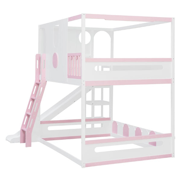 English Elm Full Size Kids Playhouse Loft Bed with Slide Storage Shelves and Sturdy Guardrails White+Pink LT000465AAH