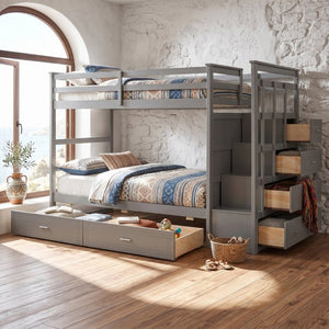 English Elm Twin Over Bunk Bed with Staircase and Six Storage Drawers for Kids Shared Rooms Gray LT000468AAE