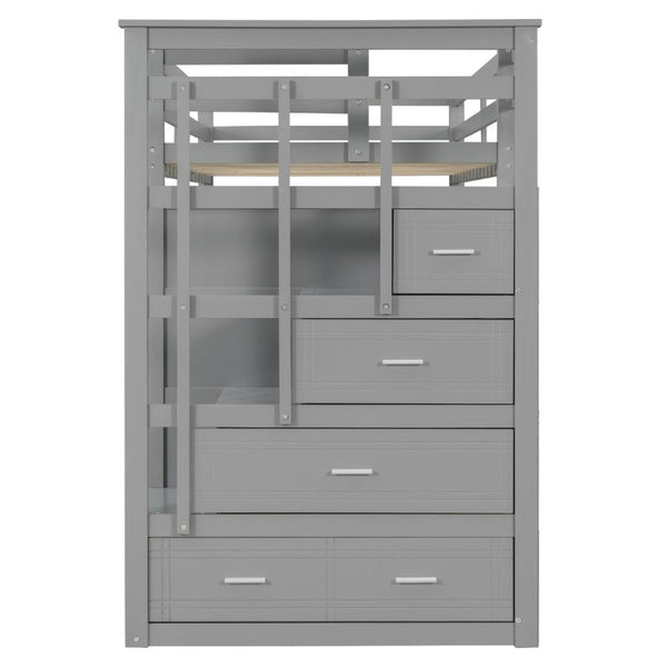 English Elm Twin Over Bunk Bed with Staircase and Six Storage Drawers for Kids Shared Rooms Gray LT000468AAE