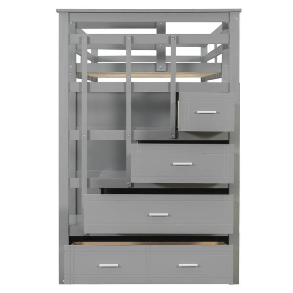English Elm Twin Over Bunk Bed with Staircase and Six Storage Drawers for Kids Shared Rooms Gray LT000468AAE