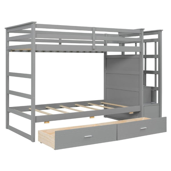 English Elm Twin Over Bunk Bed with Staircase and Six Storage Drawers for Kids Shared Rooms Gray LT000468AAE