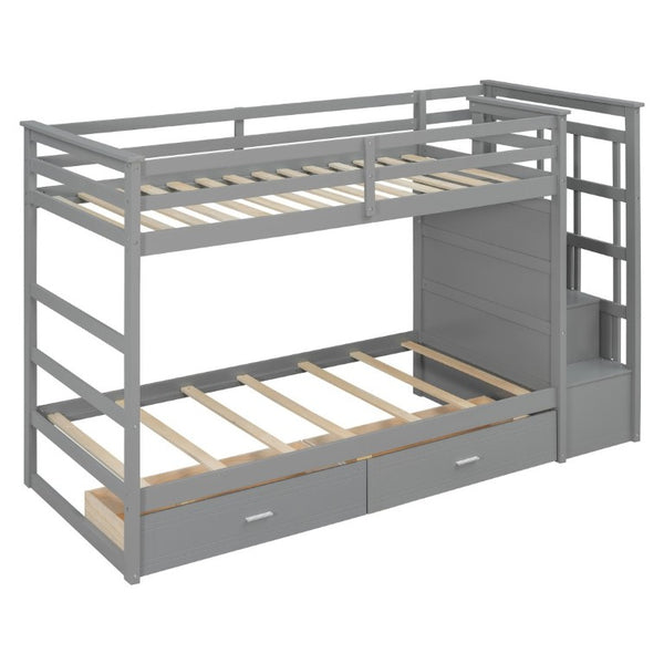 English Elm Twin Over Bunk Bed with Staircase and Six Storage Drawers for Kids Shared Rooms Gray LT000468AAE