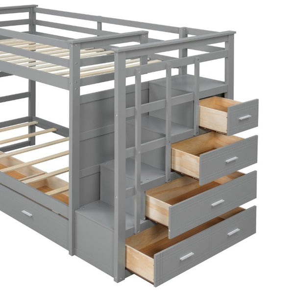 English Elm Twin Over Bunk Bed with Staircase and Six Storage Drawers for Kids Shared Rooms Gray LT000468AAE