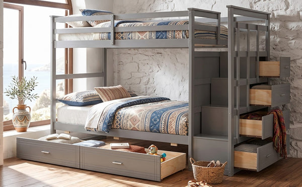 English Elm Twin Over Bunk Bed with Staircase and Six Storage Drawers for Kids Shared Rooms Gray LT000468AAE