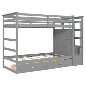 English Elm Twin Over Bunk Bed with Staircase and Six Storage Drawers for Kids Shared Rooms Gray LT000468AAE