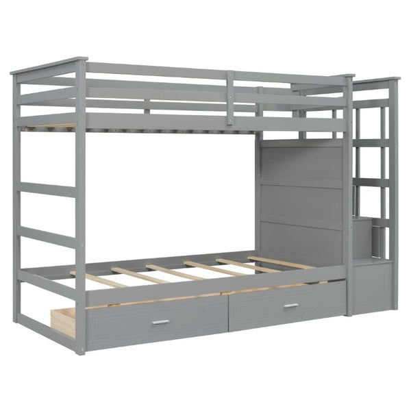 English Elm Twin Over Bunk Bed with Staircase and Six Storage Drawers for Kids Shared Rooms Gray LT000468AAE