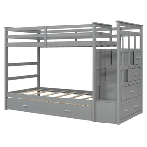 English Elm Twin Over Bunk Bed with Staircase and Six Storage Drawers for Kids Shared Rooms Gray LT000468AAE