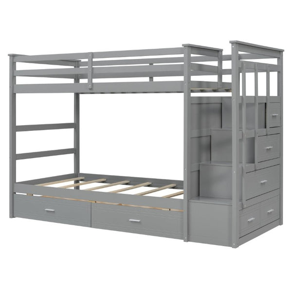 English Elm Twin Over Bunk Bed with Staircase and Six Storage Drawers for Kids Shared Rooms Gray LT000468AAE