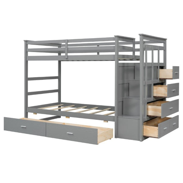 English Elm Twin Over Bunk Bed with Staircase and Six Storage Drawers for Kids Shared Rooms Gray LT000468AAE