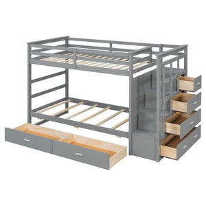 English Elm Twin Over Bunk Bed with Staircase and Six Storage Drawers for Kids Shared Rooms Gray LT000468AAE
