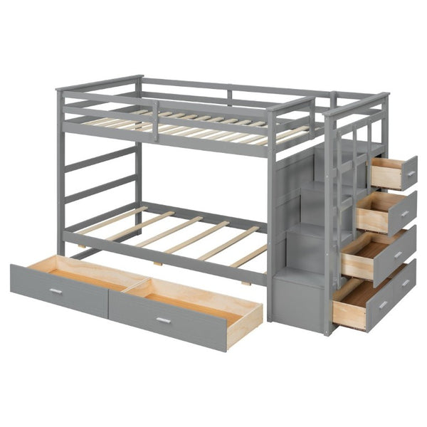 English Elm Twin Over Bunk Bed with Staircase and Six Storage Drawers for Kids Shared Rooms Gray LT000468AAE