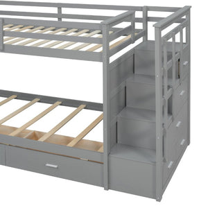 English Elm Twin Over Bunk Bed with Staircase and Six Storage Drawers for Kids Shared Rooms Gray LT000468AAE