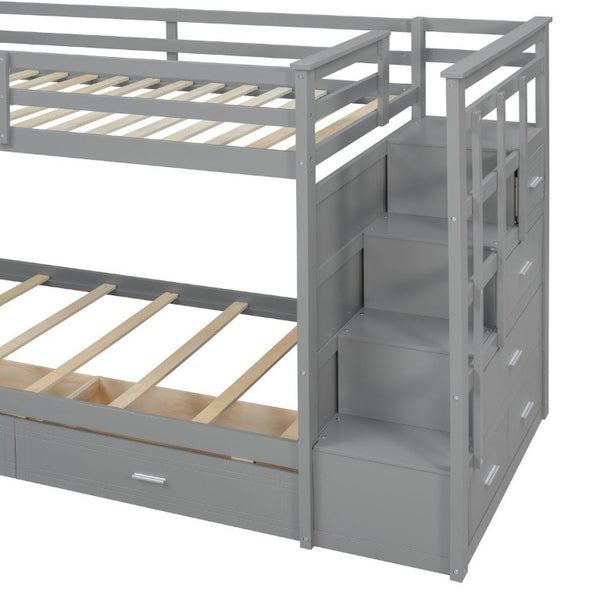 English Elm Twin Over Bunk Bed with Staircase and Six Storage Drawers for Kids Shared Rooms Gray LT000468AAE