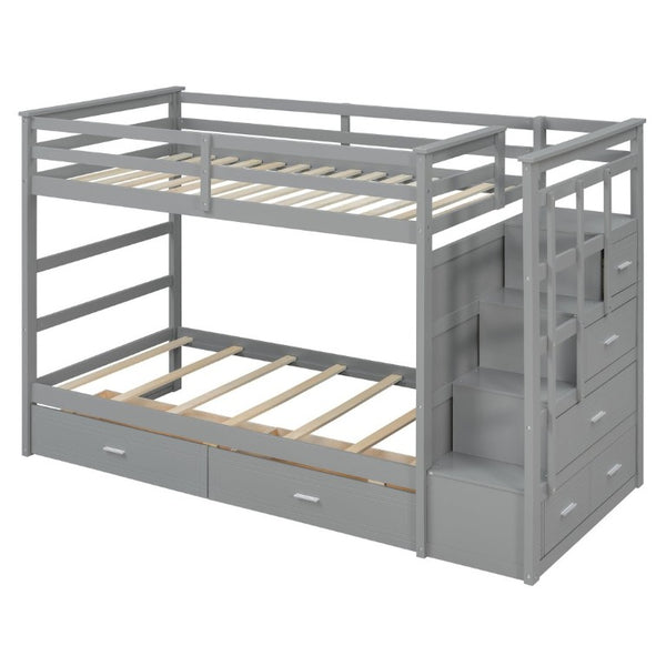 English Elm Twin Over Bunk Bed with Staircase and Six Storage Drawers for Kids Shared Rooms Gray LT000468AAE