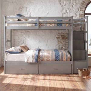 English Elm Twin Over Bunk Bed with Staircase and Six Storage Drawers for Kids Shared Rooms Gray LT000468AAE