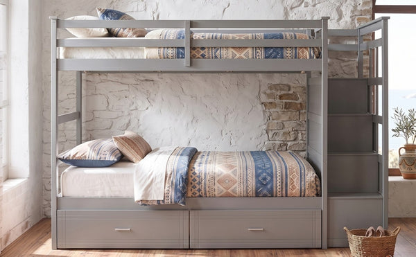 English Elm Twin Over Bunk Bed with Staircase and Six Storage Drawers for Kids Shared Rooms Gray LT000468AAE