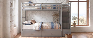 English Elm Twin Over Bunk Bed with Staircase and Six Storage Drawers for Kids Shared Rooms Gray LT000468AAE