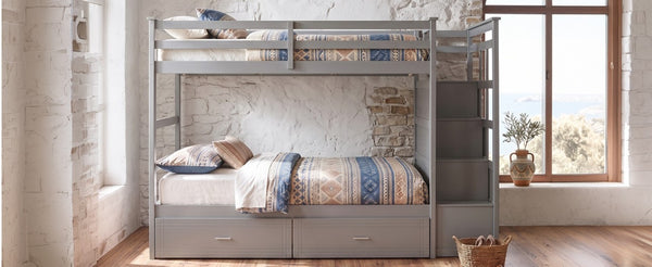 English Elm Twin Over Bunk Bed with Staircase and Six Storage Drawers for Kids Shared Rooms Gray LT000468AAE