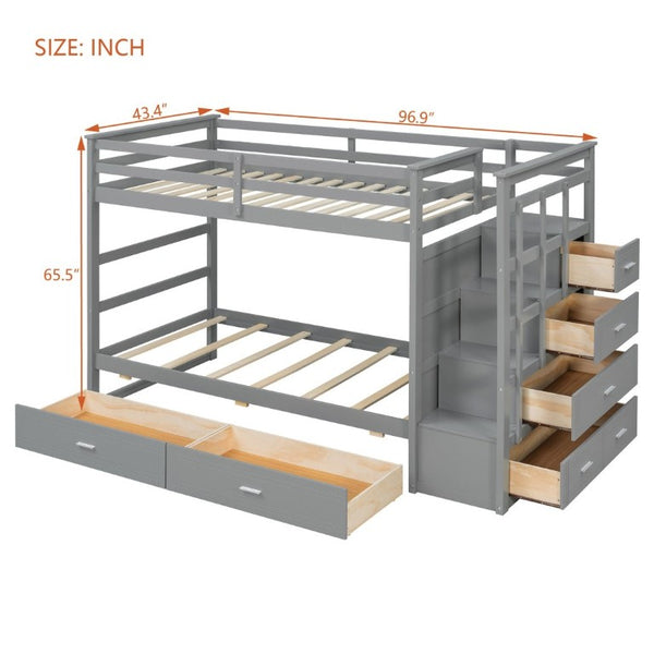 English Elm Twin Over Bunk Bed with Staircase and Six Storage Drawers for Kids Shared Rooms Gray LT000468AAE