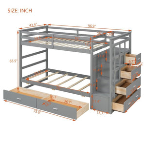 English Elm Twin Over Bunk Bed with Staircase and Six Storage Drawers for Kids Shared Rooms Gray LT000468AAE