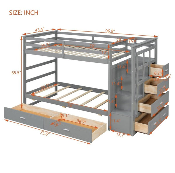 English Elm Twin Over Bunk Bed with Staircase and Six Storage Drawers for Kids Shared Rooms Gray LT000468AAE