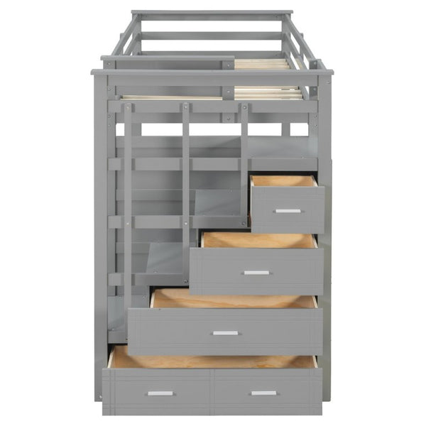 English Elm Twin Over Bunk Bed with Staircase and Six Storage Drawers for Kids Shared Rooms Gray LT000468AAE