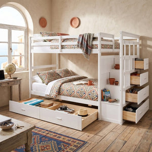 English Elm Twin Over Bunk Bed with Staircase and Six Storage Drawers for Kids Shared Rooms White LT000468AAK