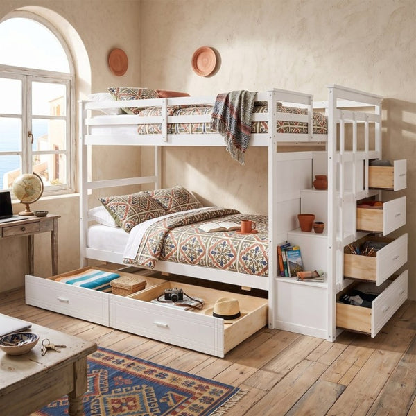 English Elm Twin Over Bunk Bed with Staircase and Six Storage Drawers for Kids Shared Rooms White LT000468AAK