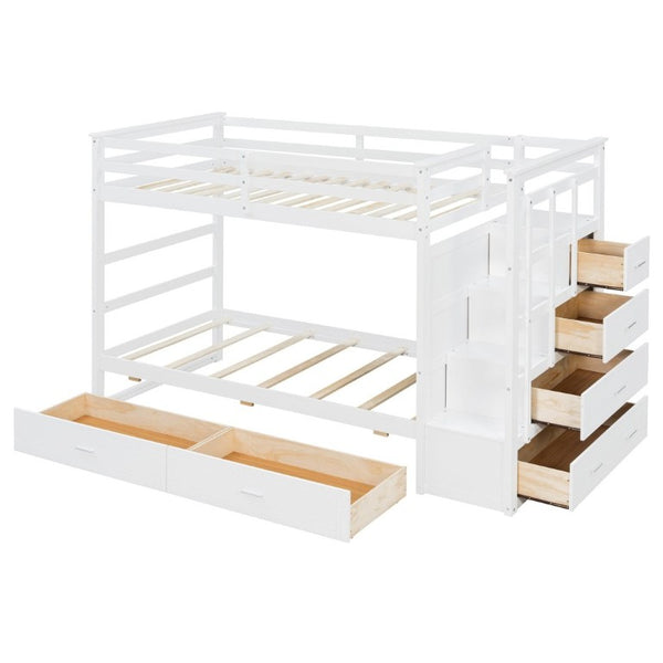 English Elm Twin Over Bunk Bed with Staircase and Six Storage Drawers for Kids Shared Rooms White LT000468AAK
