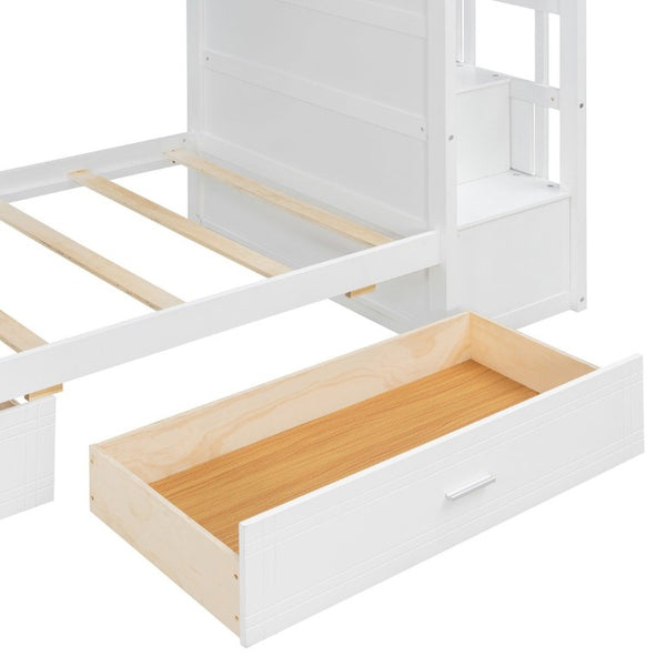 English Elm Twin Over Bunk Bed with Staircase and Six Storage Drawers for Kids Shared Rooms White LT000468AAK