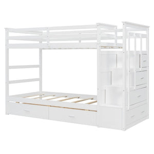 English Elm Twin Over Bunk Bed with Staircase and Six Storage Drawers for Kids Shared Rooms White LT000468AAK
