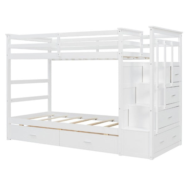 English Elm Twin Over Bunk Bed with Staircase and Six Storage Drawers for Kids Shared Rooms White LT000468AAK