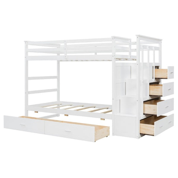 English Elm Twin Over Bunk Bed with Staircase and Six Storage Drawers for Kids Shared Rooms White LT000468AAK