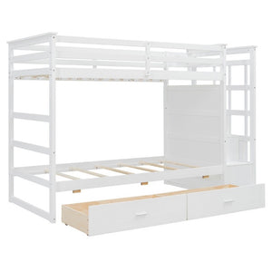 English Elm Twin Over Bunk Bed with Staircase and Six Storage Drawers for Kids Shared Rooms White LT000468AAK