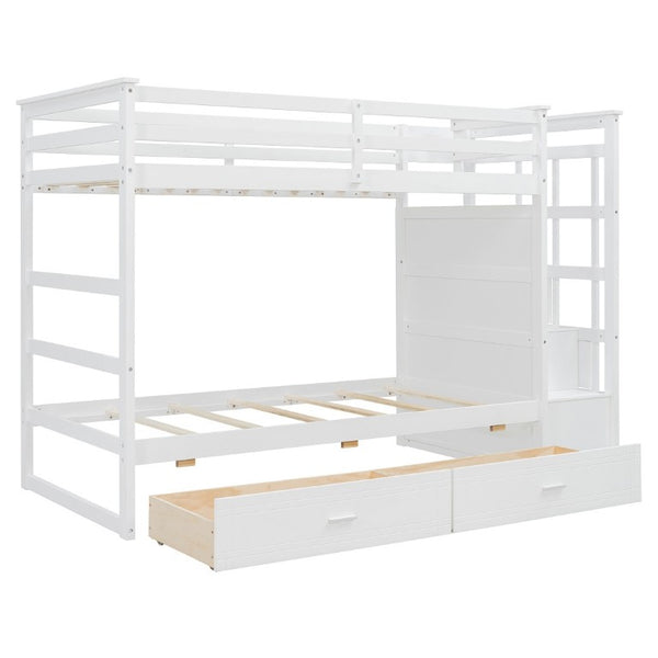 English Elm Twin Over Bunk Bed with Staircase and Six Storage Drawers for Kids Shared Rooms White LT000468AAK