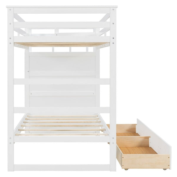 English Elm Twin Over Bunk Bed with Staircase and Six Storage Drawers for Kids Shared Rooms White LT000468AAK