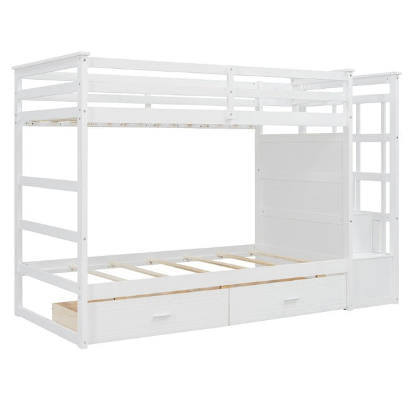 English Elm Twin Over Bunk Bed with Staircase and Six Storage Drawers for Kids Shared Rooms White LT000468AAK