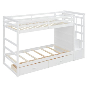 English Elm Twin Over Bunk Bed with Staircase and Six Storage Drawers for Kids Shared Rooms White LT000468AAK
