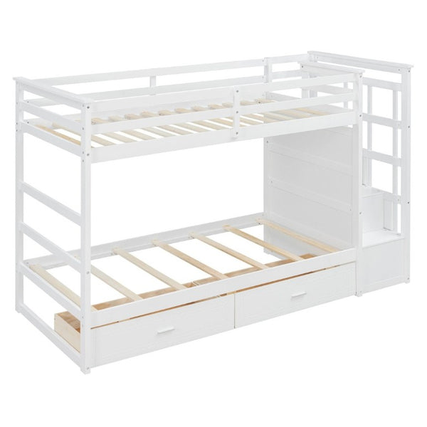 English Elm Twin Over Bunk Bed with Staircase and Six Storage Drawers for Kids Shared Rooms White LT000468AAK