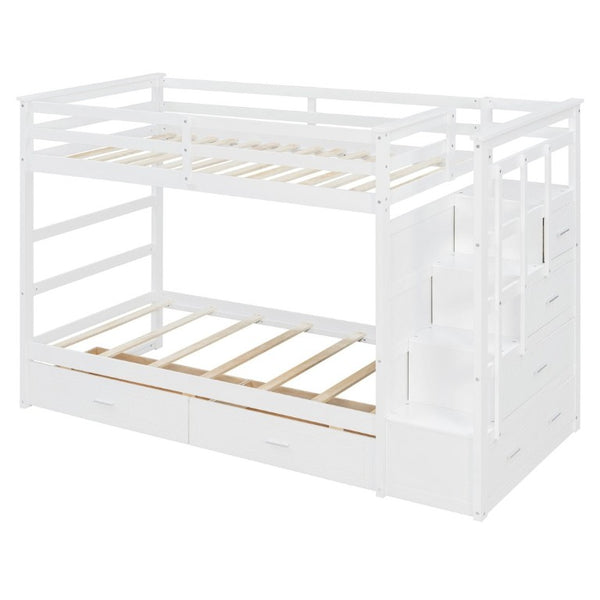 English Elm Twin Over Bunk Bed with Staircase and Six Storage Drawers for Kids Shared Rooms White LT000468AAK