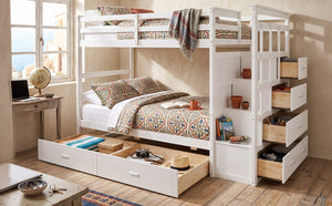 English Elm Twin Over Bunk Bed with Staircase and Six Storage Drawers for Kids Shared Rooms White LT000468AAK