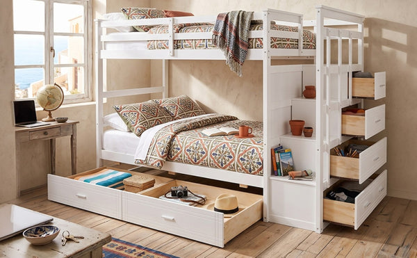 English Elm Twin Over Bunk Bed with Staircase and Six Storage Drawers for Kids Shared Rooms White LT000468AAK