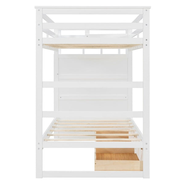 English Elm Twin Over Bunk Bed with Staircase and Six Storage Drawers for Kids Shared Rooms White LT000468AAK